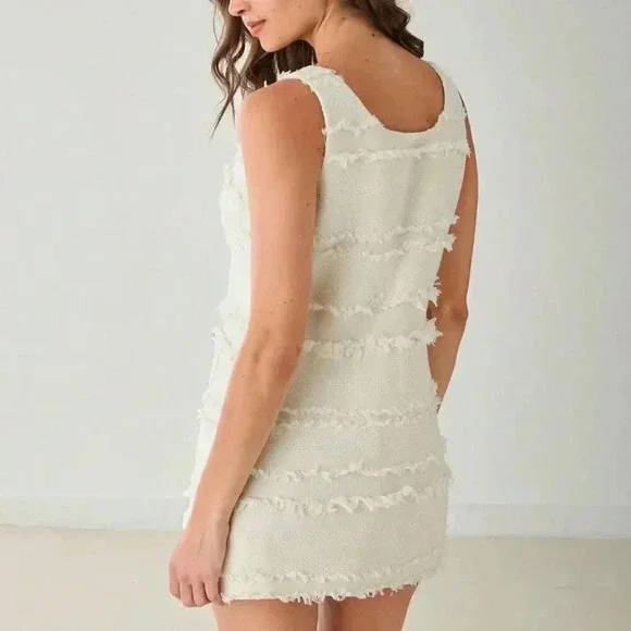 White Casual Women's Single-Breasted High-End Tassel Tweed Sleeveless Dress - Picture 7 of 8